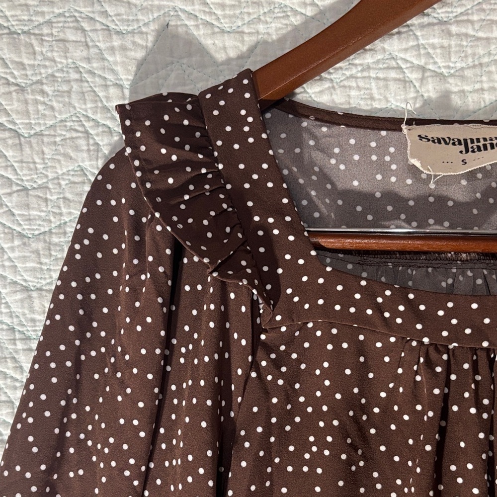 Savanna Jane Brown Polka Dot Blouse Embroidered Floral Hem Balloon Sleeves - Picture 5 of 12
